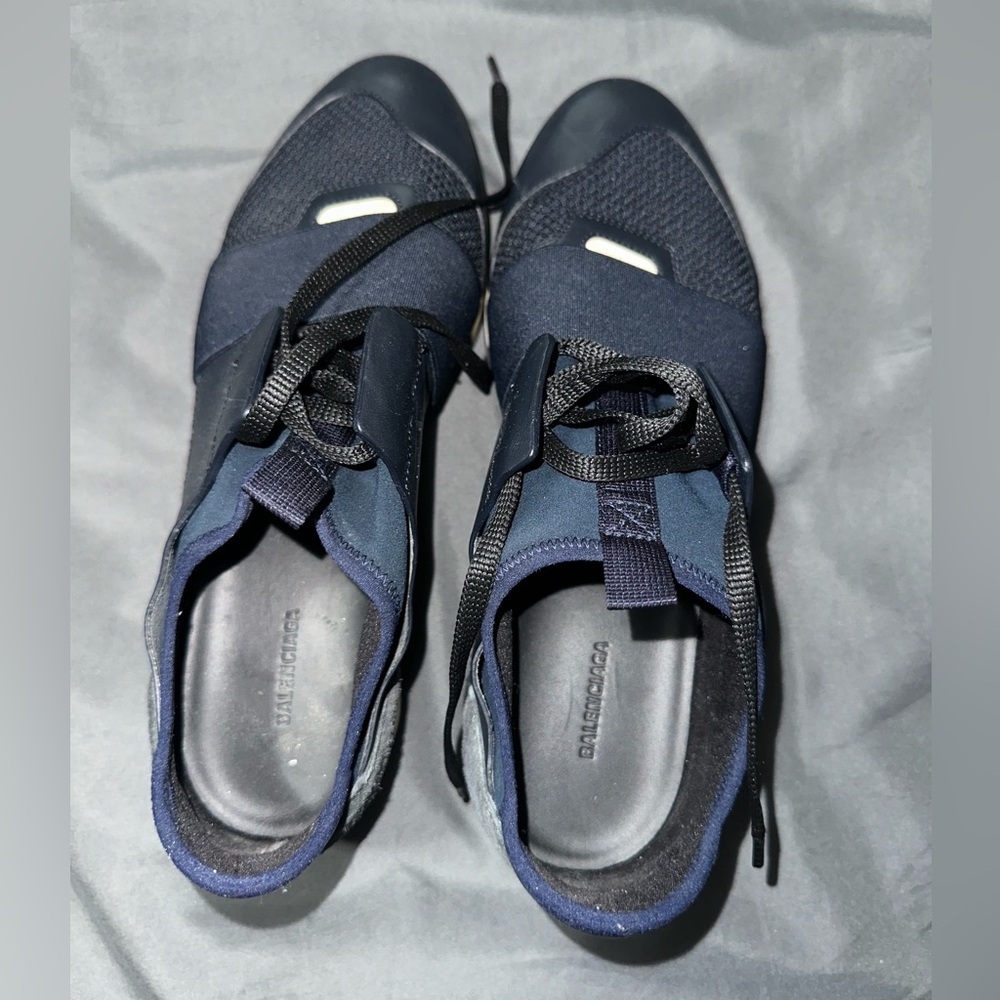 Balenciaga Navy Blue Mesh And Leather Race Runner Low Top Sneakers Sz 38